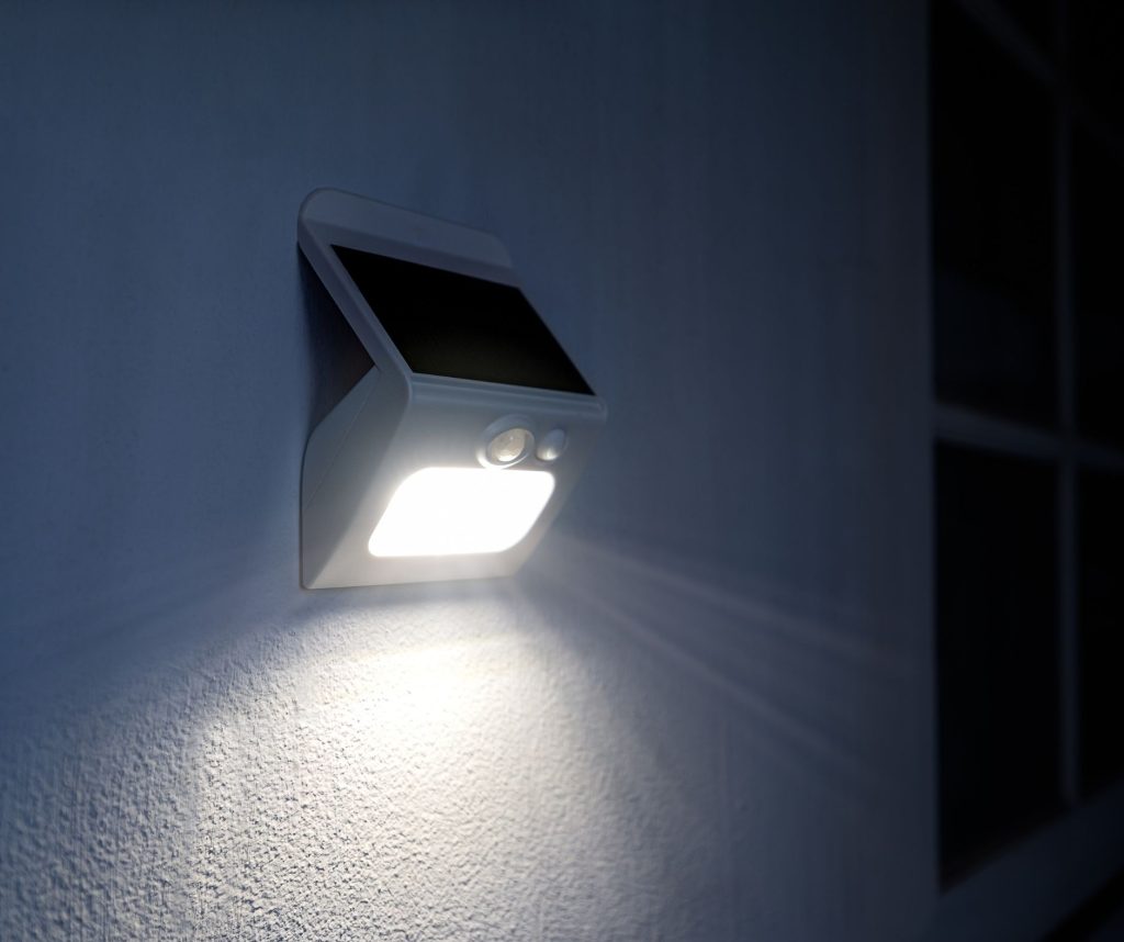 Small solar powered led light with motion sensor.